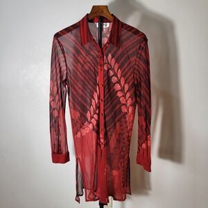 Vera Cristina 100% Silk Sheer Tunic Shirt Botanical Print Knotted Button